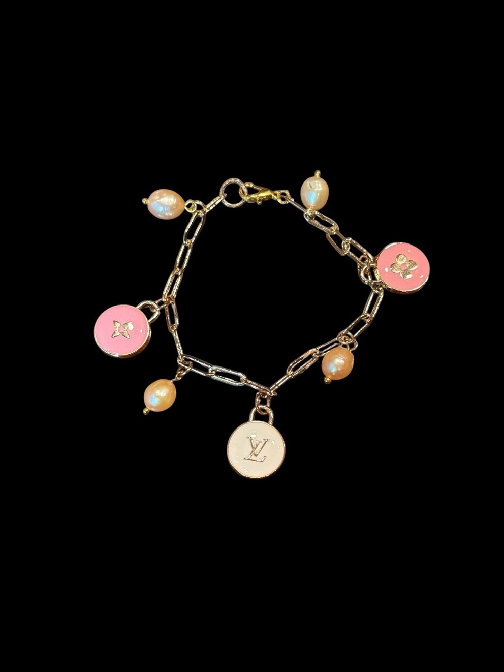 Louis Vuitton Pink Enamel & Gold Charm Bracelet with Pearl Drops